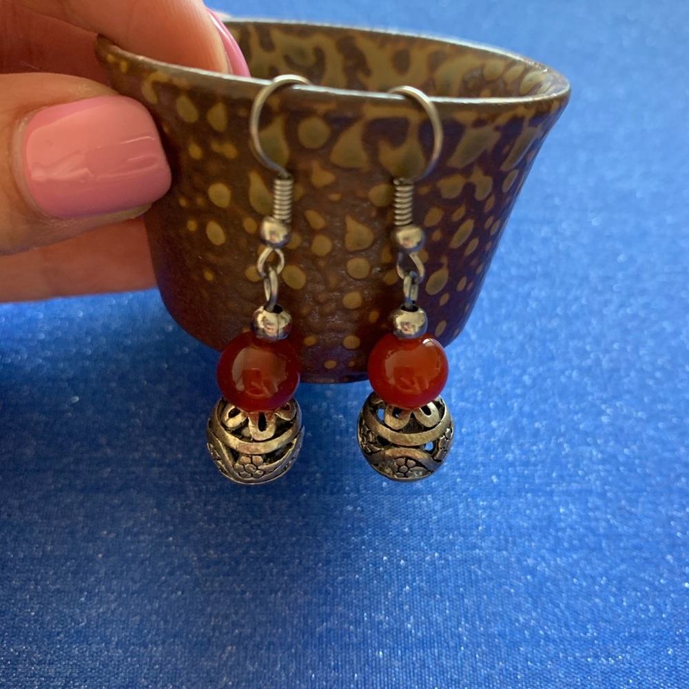 Vintage Red Agate Drop Earrings, Art
